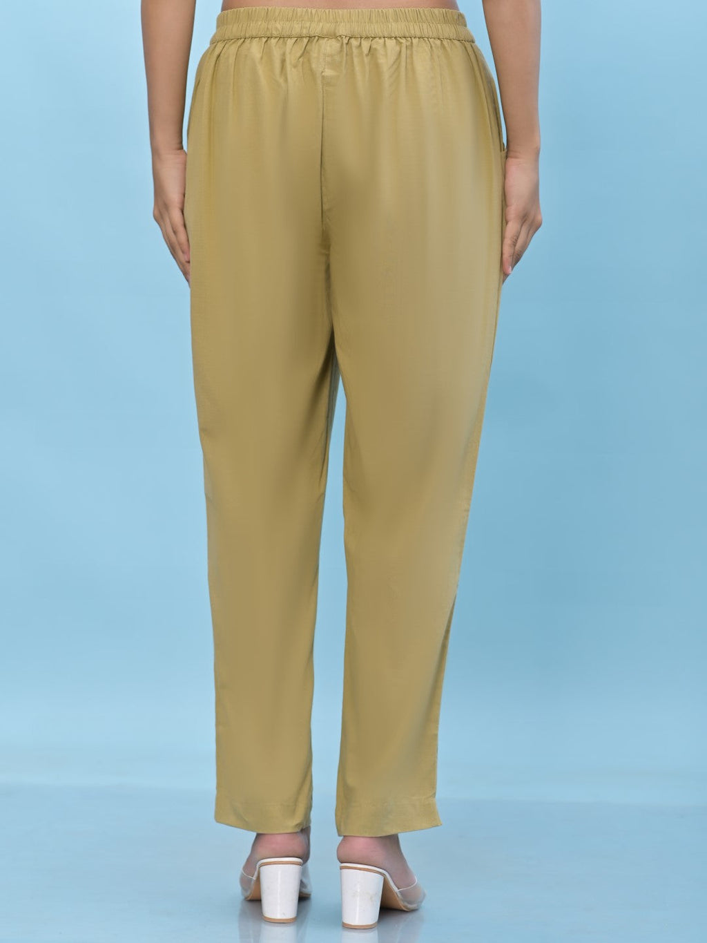 Juniper Women's Olive Solid Cotton Pants with Partially Elasticated Waistband and Two Side Pockets