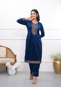 Juniper Women's Velvet Blue Kurta & Pant Set With Thread Work & Sequins