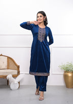 Juniper Women's Velvet Blue Kurta & Pant Set With Thread Work & Sequins