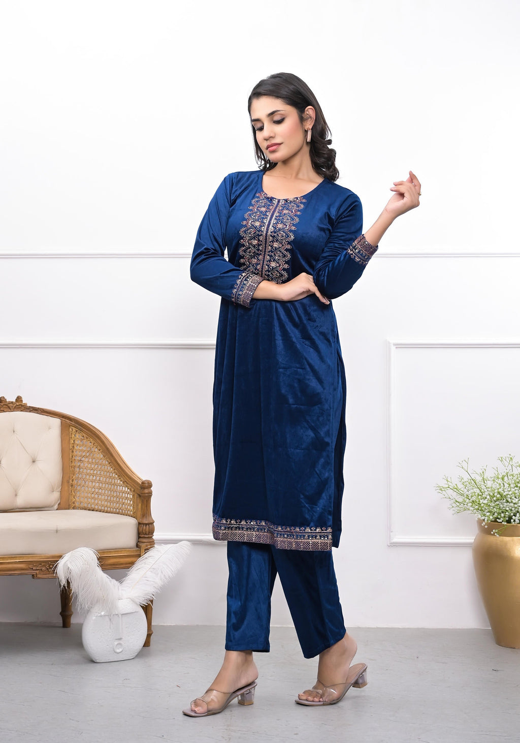 Juniper Women's Velvet Blue Kurta & Pant Set With Thread Work & Sequins