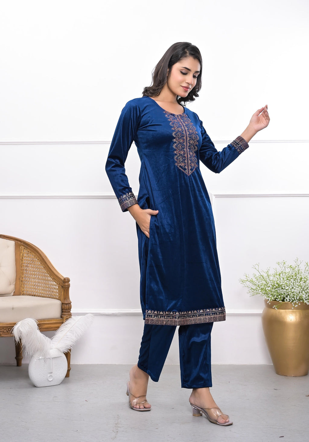 Juniper Women's Velvet Blue Kurta & Pant Set With Thread Work & Sequins