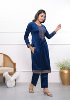 Juniper Women's Velvet Blue Kurta & Pant Set With Thread Work & Sequins