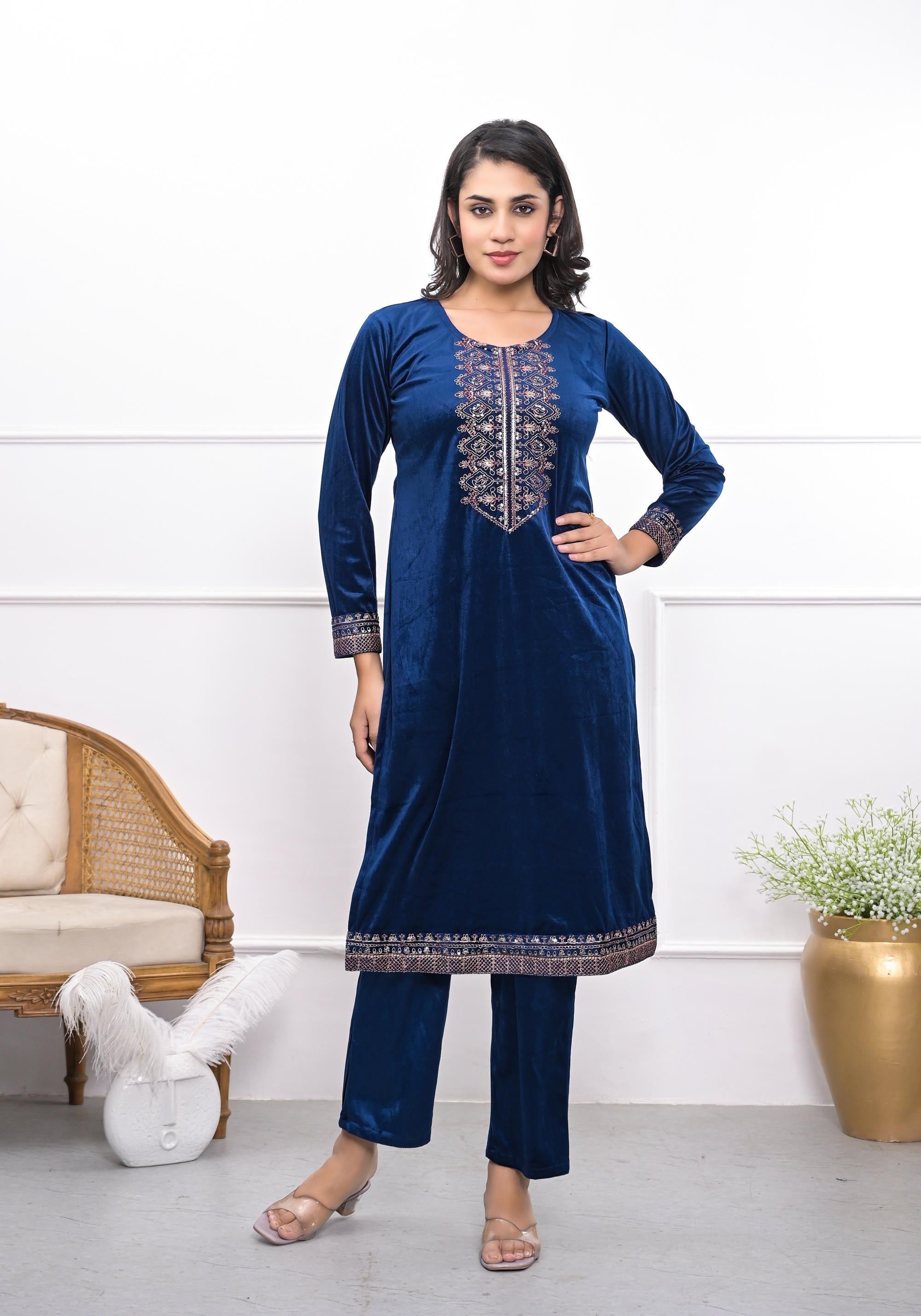 Juniper Women's Velvet Blue Kurta & Pant Set With Thread Work & Sequins