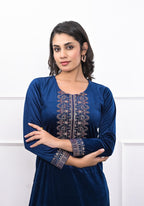 Juniper Women's Velvet Blue Kurta & Pant Set With Thread Work & Sequins