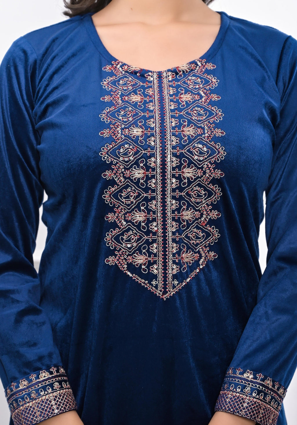 Juniper Women's Velvet Blue Kurta & Pant Set With Thread Work & Sequins