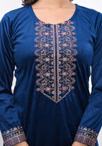 Juniper Women's Velvet Blue Kurta & Pant Set With Thread Work & Sequins