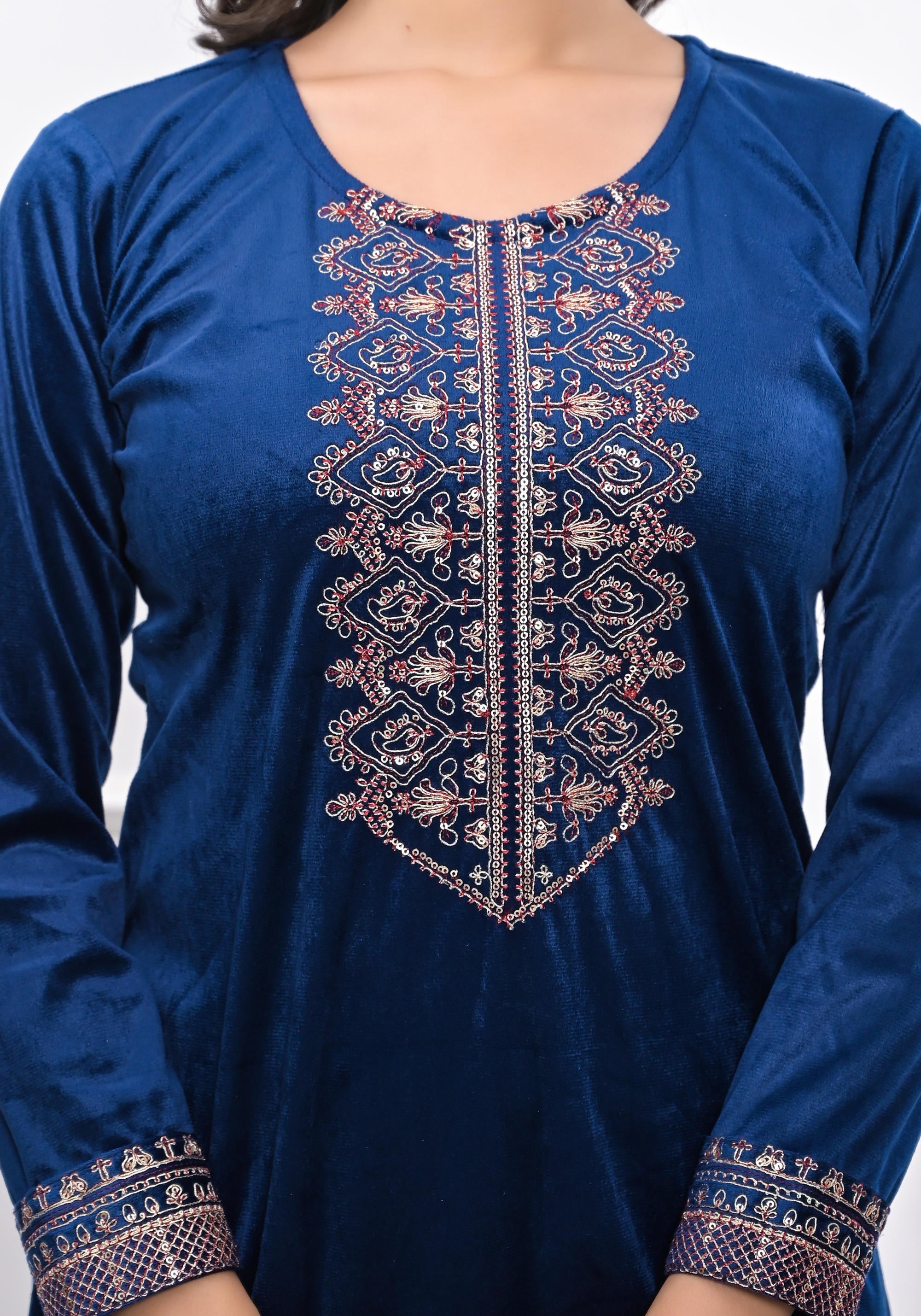 Juniper Women's Velvet Blue Kurta & Pant Set With Thread Work & Sequins