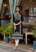 Juniper Women's Black Ethnic Motif Printed Rayon KurtaWith Straight Hemline And Buttons