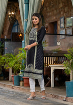 Juniper Women's Black Ethnic Motif Printed Rayon KurtaWith Straight Hemline And Buttons