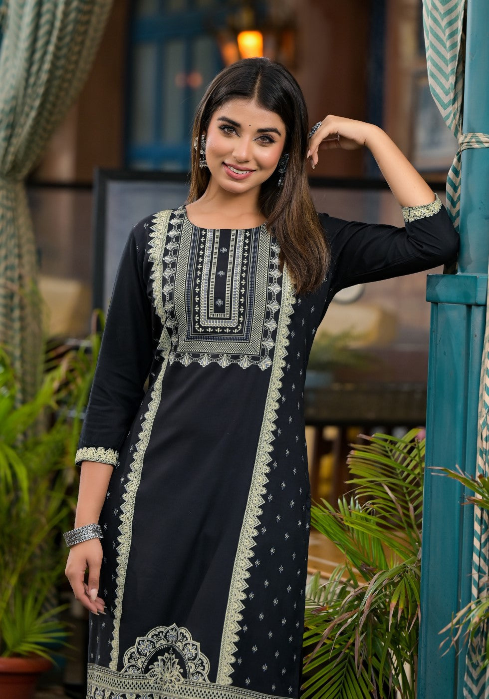Juniper Women's Black Ethnic Motif Printed Rayon KurtaWith Straight Hemline And Buttons