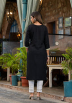 Juniper Women's Black Ethnic Motif Printed Rayon KurtaWith Straight Hemline And Buttons