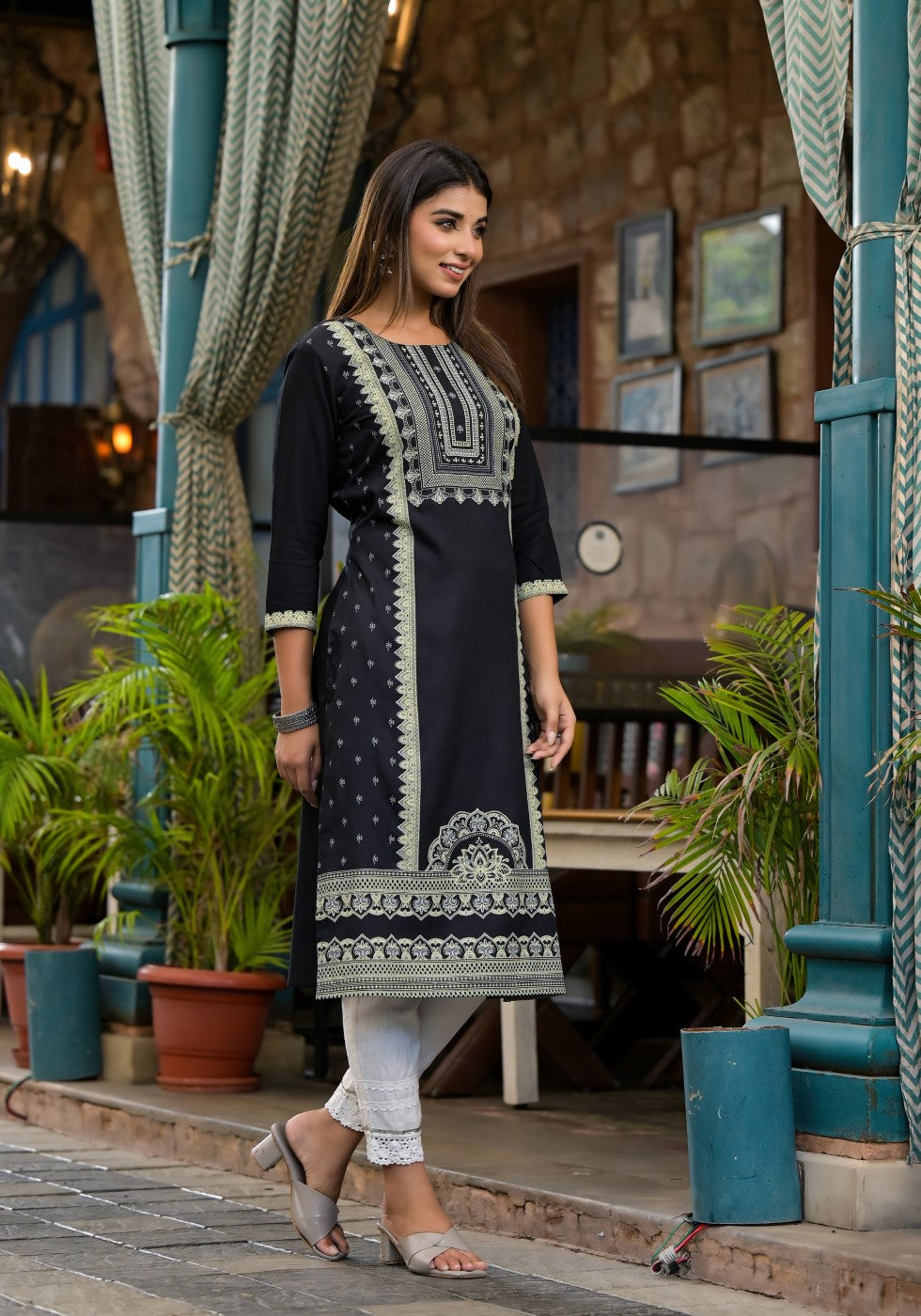 Juniper Women's Black Ethnic Motif Printed Rayon KurtaWith Straight Hemline And Buttons
