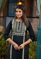 Juniper Women's Black Ethnic Motif Printed Rayon KurtaWith Straight Hemline And Buttons