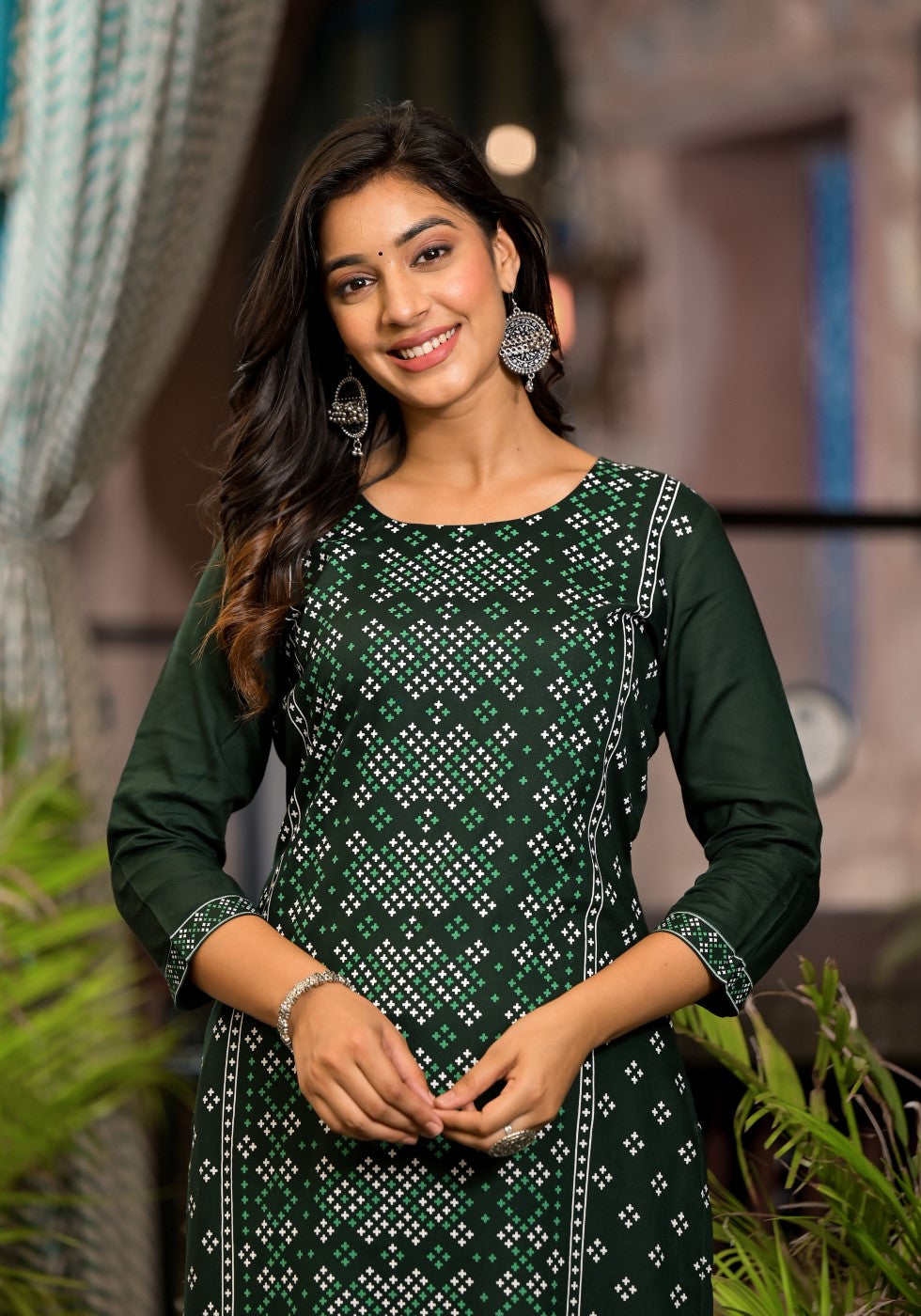 Juniper Women's Green Ethnic Motif Printed Round NeckRayon Kurta With Straight Hemline