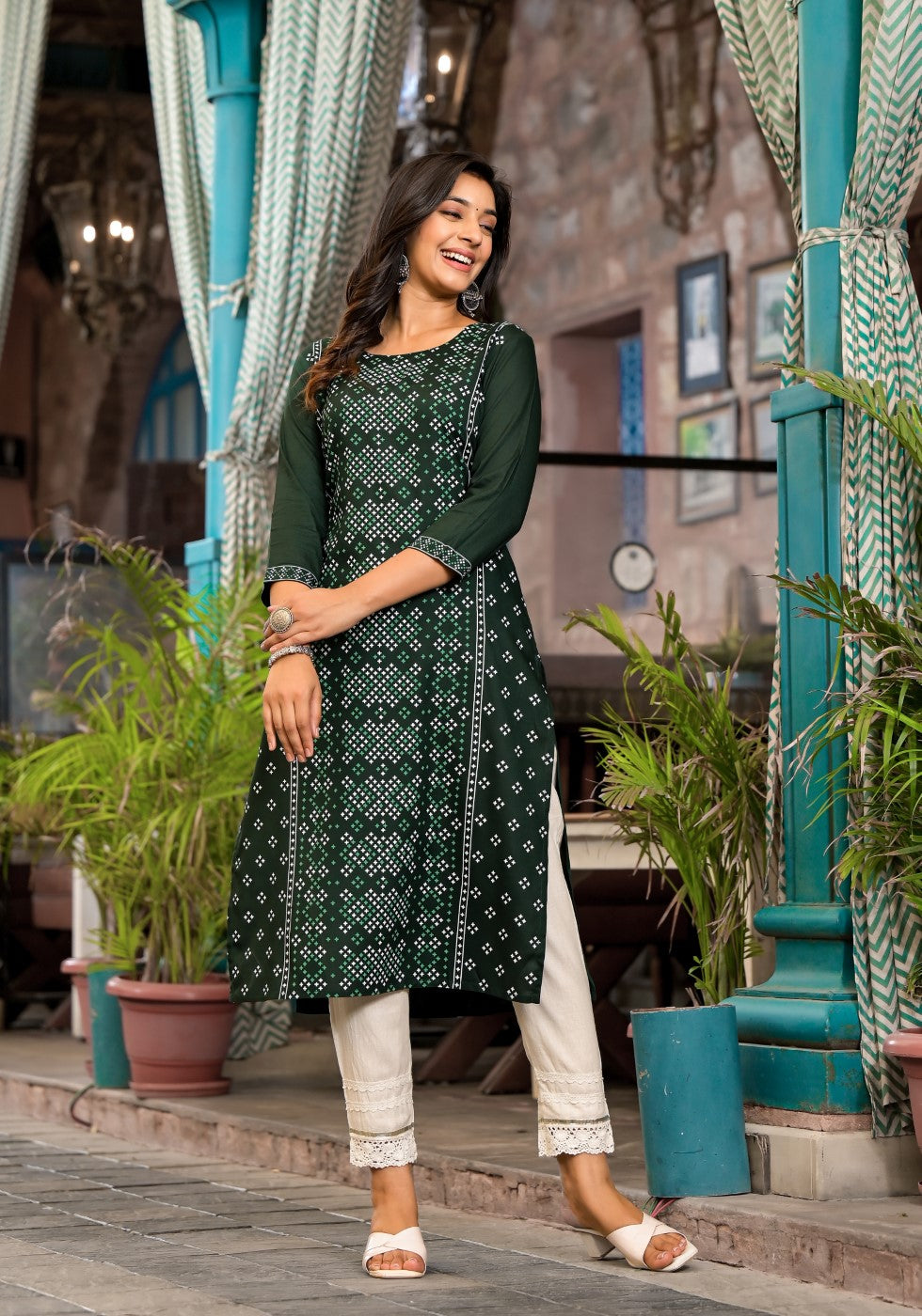 Juniper Women's Green Ethnic Motif Printed Round NeckRayon Kurta With Straight Hemline