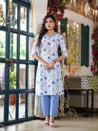 Juniper Women's Blue Floral Printed Cotton Kurta & Pant Set With Lace