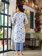 Juniper Women's Blue Floral Printed Cotton Kurta & Pant Set With Lace