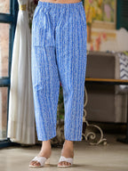 Juniper Women's Blue Floral Printed Cotton Kurta & Pant Set With Lace