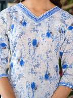 Juniper Women's Blue Floral Printed Cotton Kurta & Pant Set With Lace