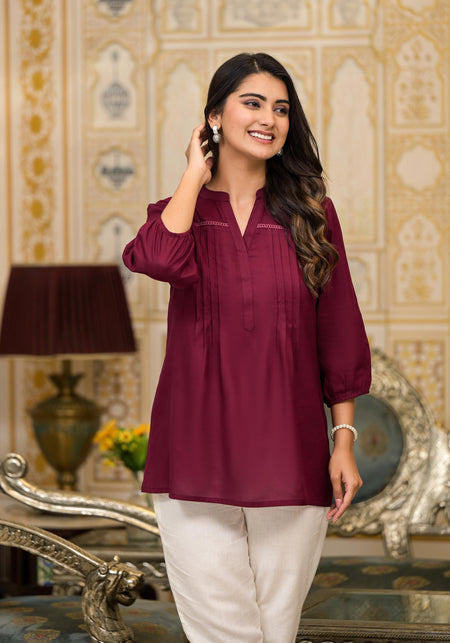 Juniper Women's Wine Solid Rayon Tunic Top With Thread Work