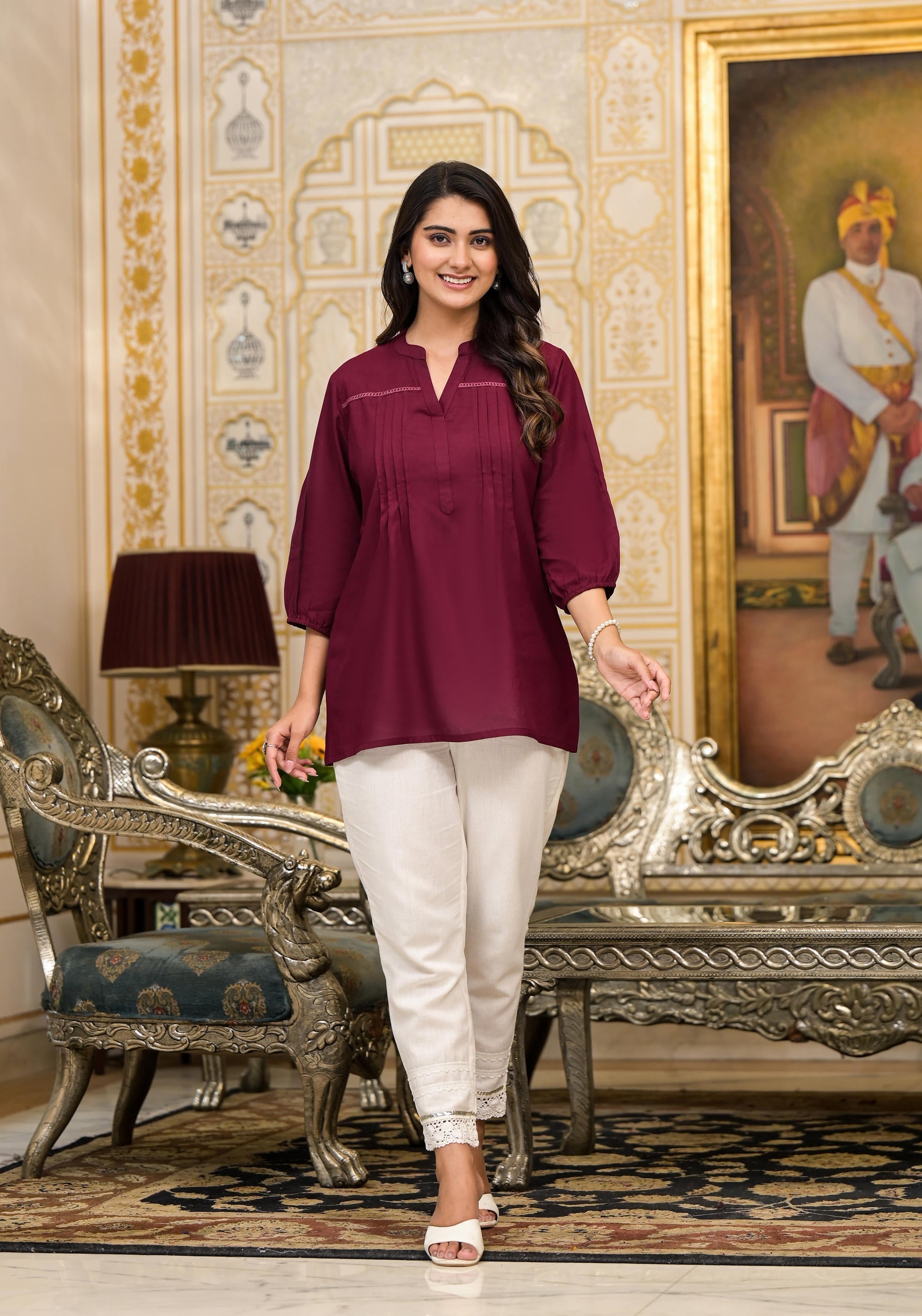 Juniper Women's Wine Solid Rayon Tunic Top With Thread Work