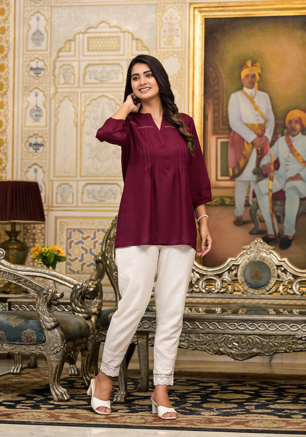 Juniper Women's Wine Solid Rayon Tunic Top With Thread Work