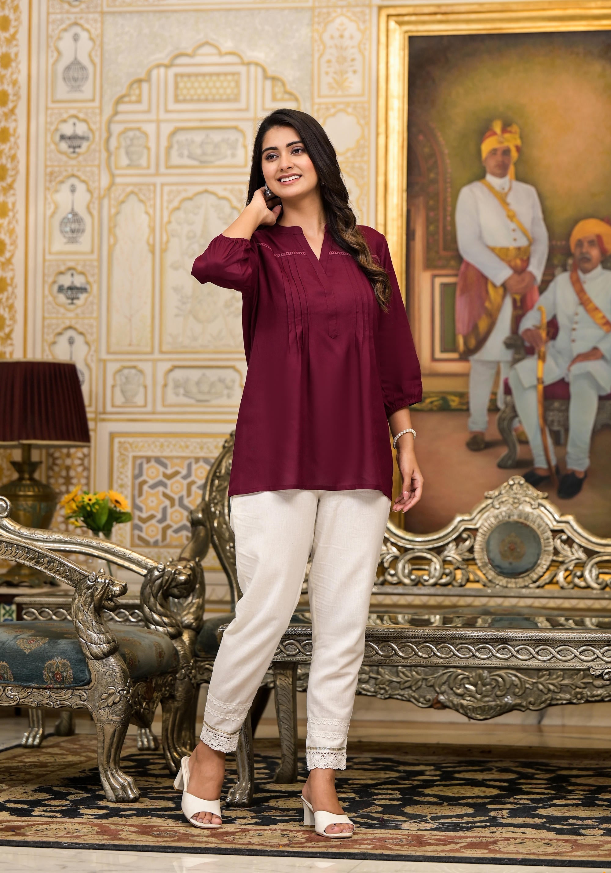 Juniper Women's Wine Solid Rayon Tunic Top With Thread Work