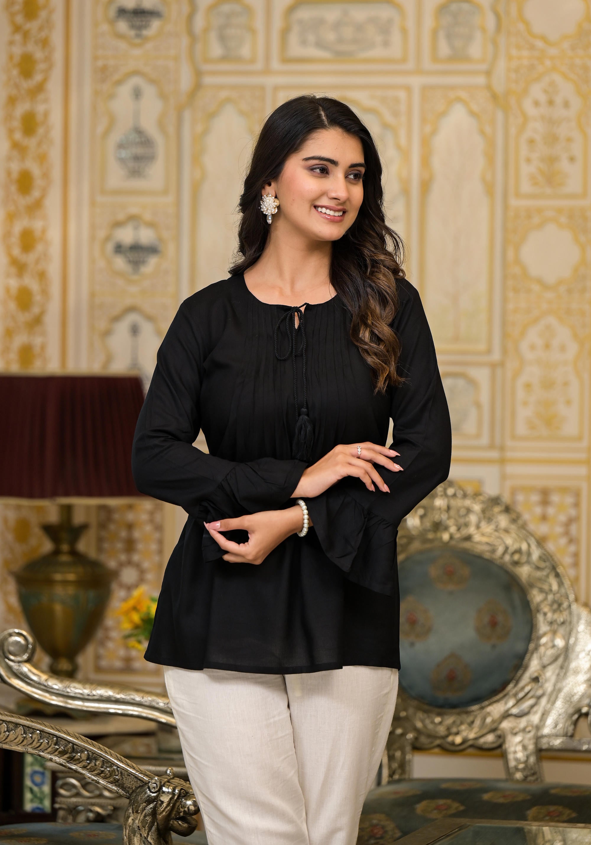 Juniper Women's Black Solid Rayon Top With Tassels &Doris