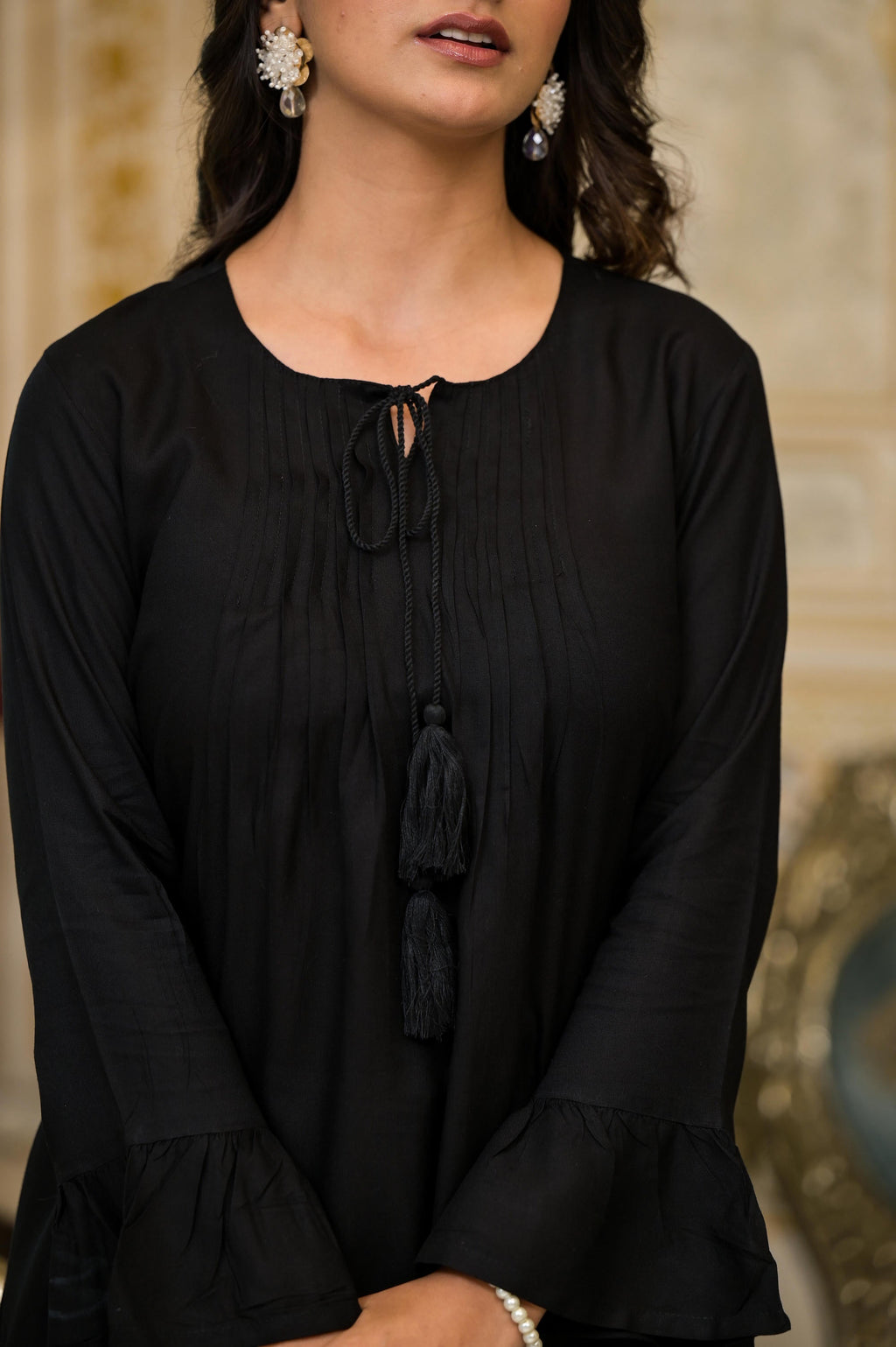 Juniper Women's Black Solid Rayon Top With Tassels &Doris