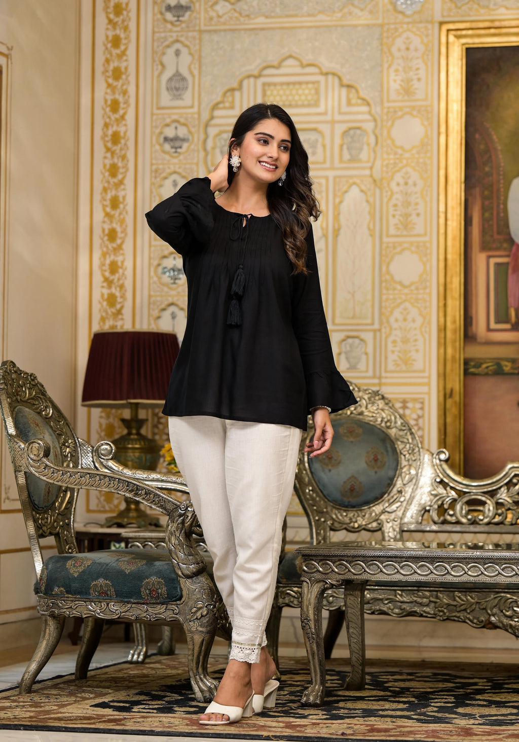 Juniper Women's Black Solid Rayon Top With Tassels &Doris