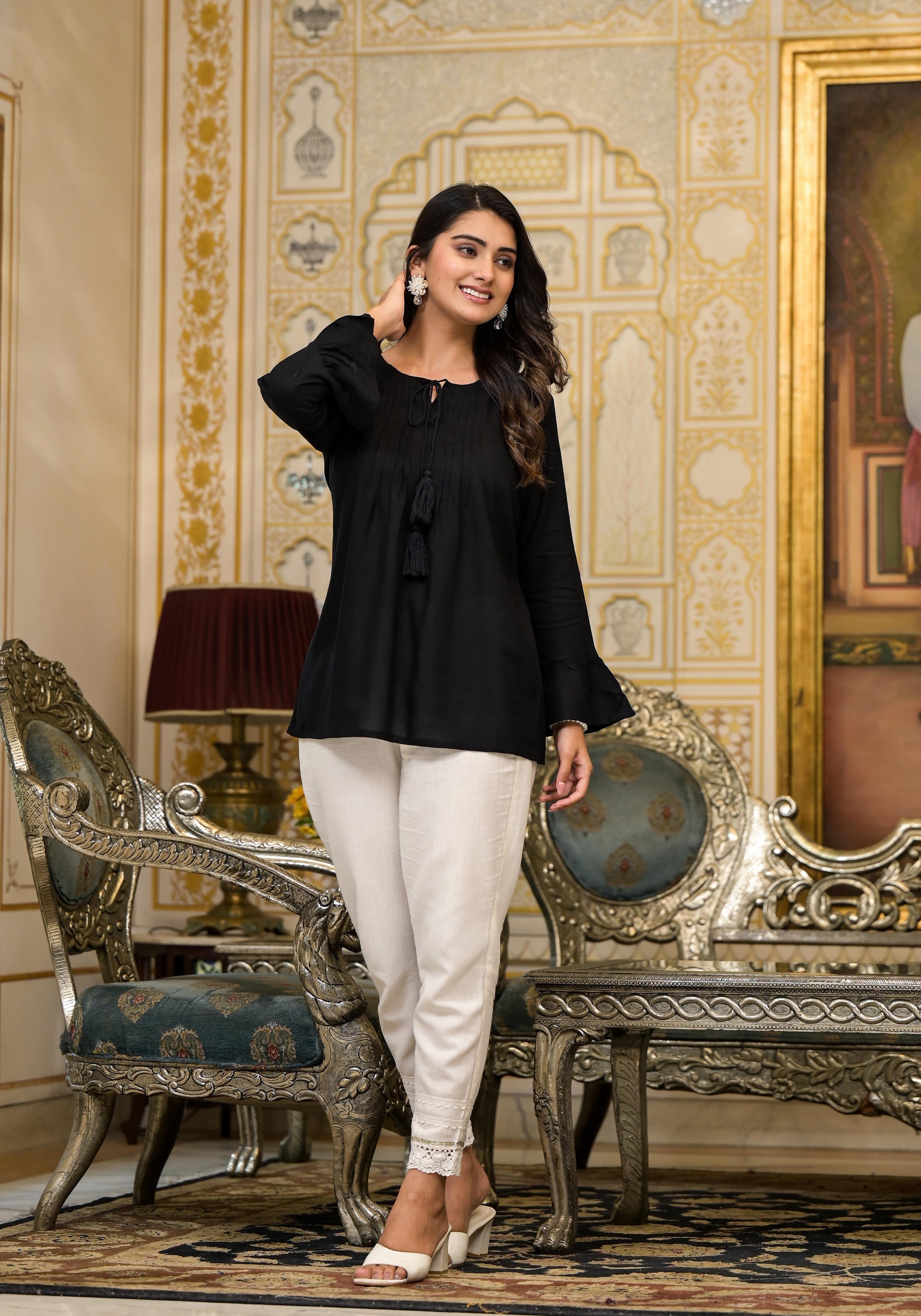 Juniper Women's Black Solid Rayon Top With Tassels &Doris
