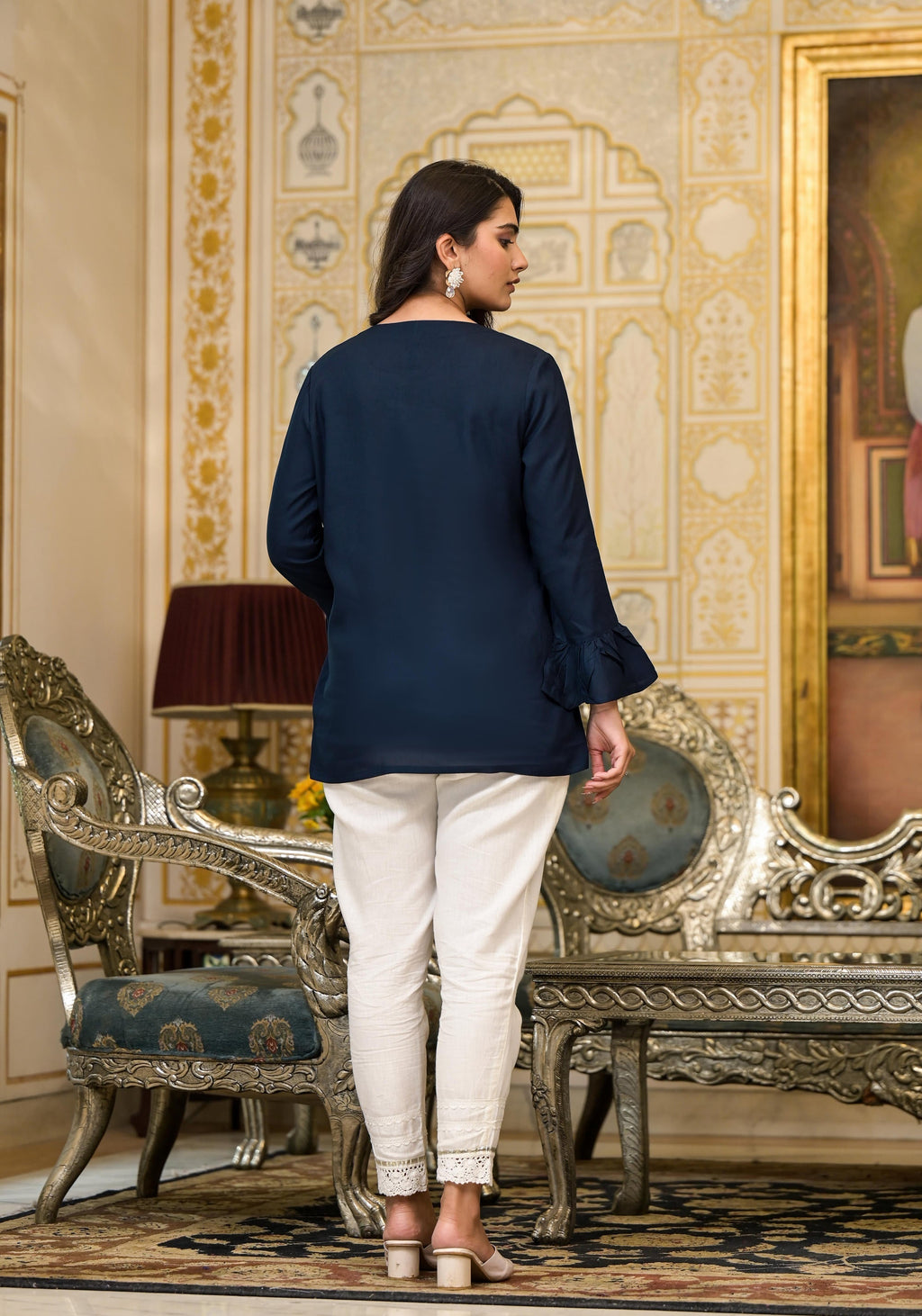 Juniper Women's Navy Blue Solid Rayon Top With Tassels &Doris