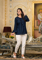 Juniper Women's Navy Blue Solid Rayon Top With Tassels &Doris
