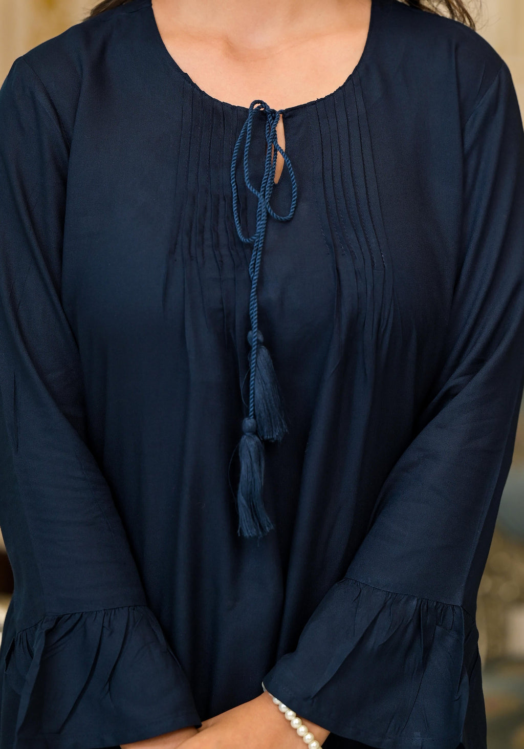 Juniper Women's Navy Blue Solid Rayon Top With Tassels &Doris