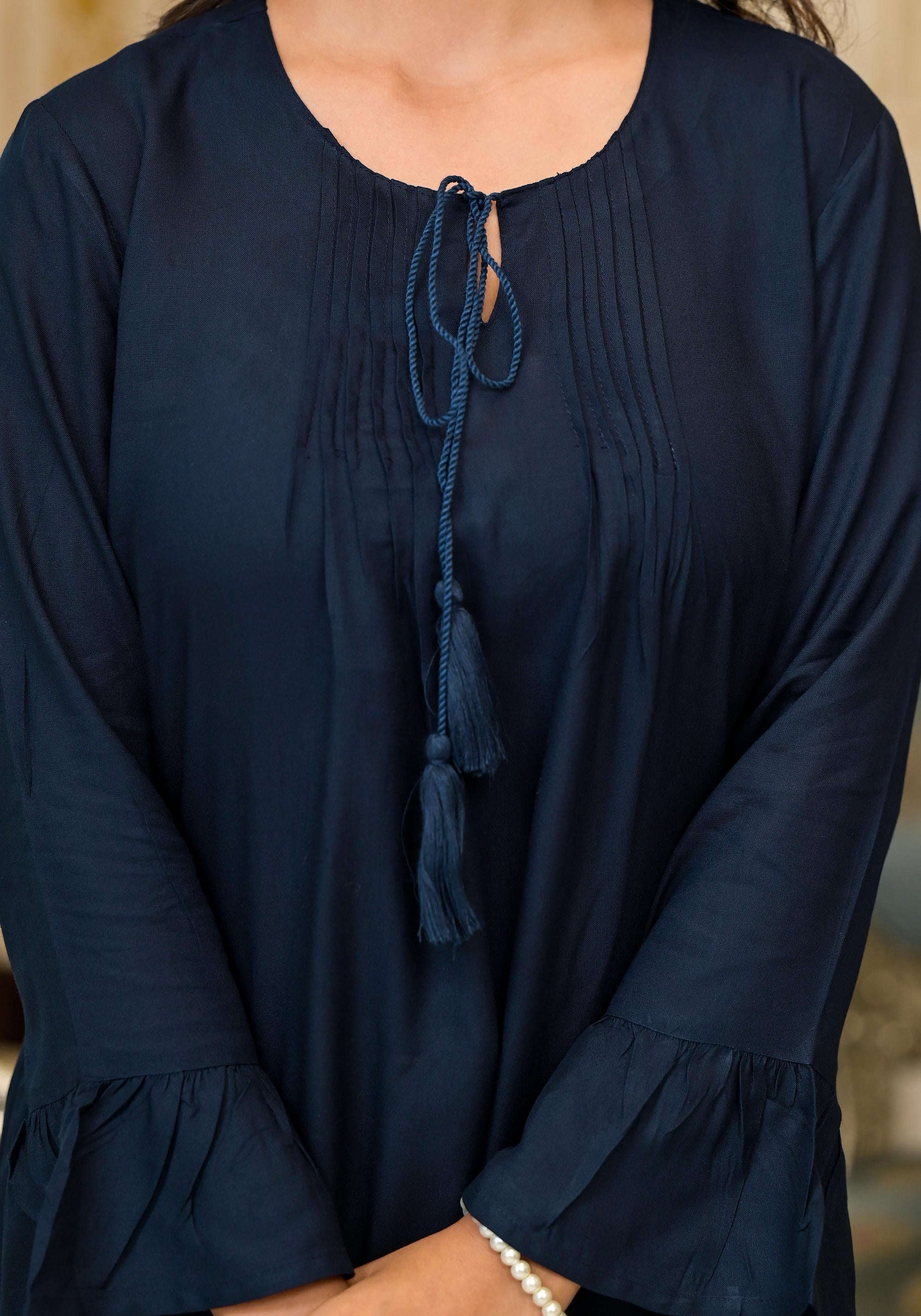 Juniper Women's Navy Blue Solid Rayon Top With Tassels &Doris