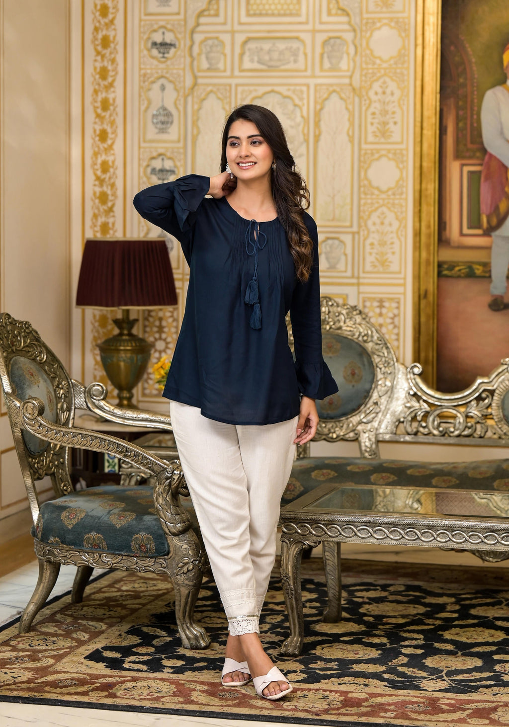 Juniper Women's Navy Blue Solid Rayon Top With Tassels &Doris