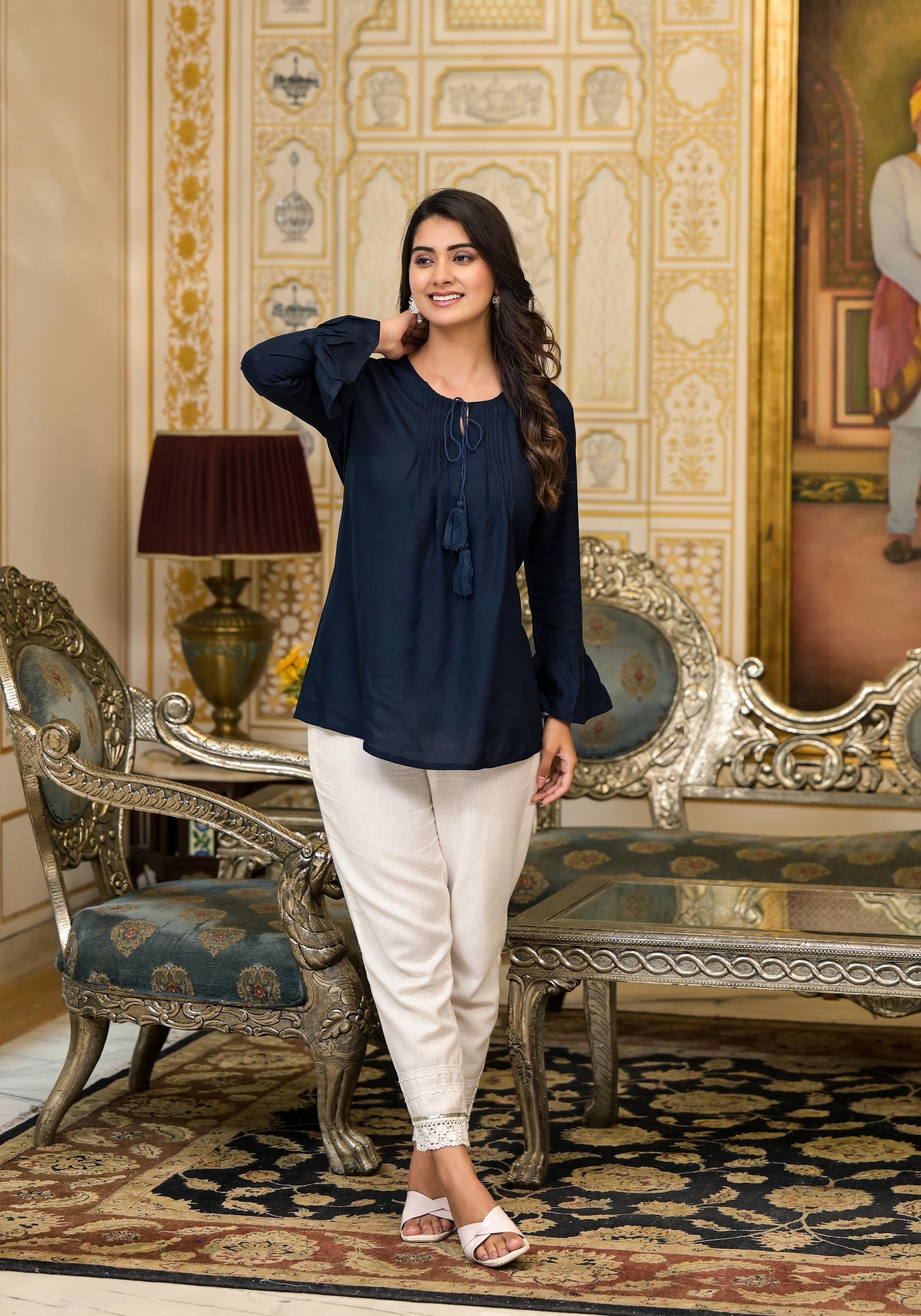 Juniper Women's Navy Blue Solid Rayon Top With Tassels &Doris