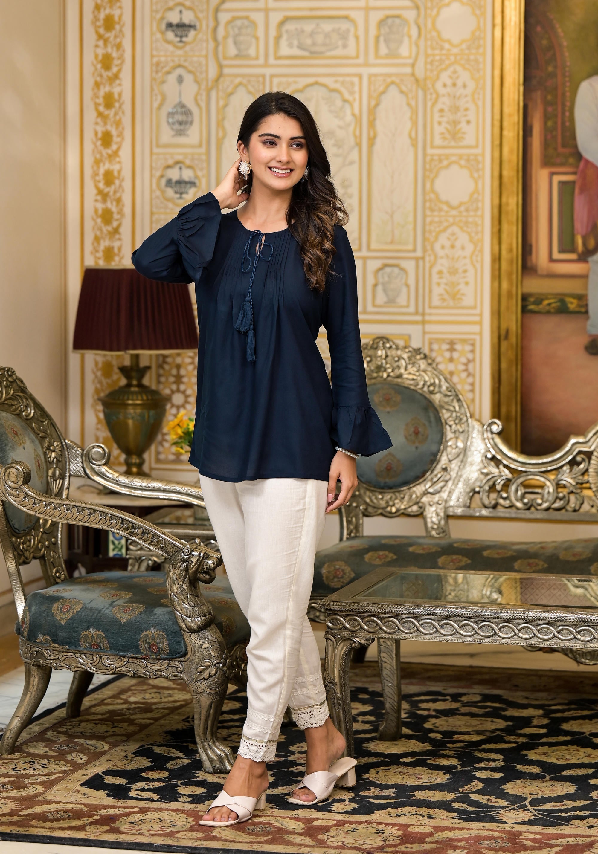 Juniper Women's Navy Blue Solid Rayon Top With Tassels &Doris