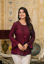 Juniper Women's Plum Solid Rayon Top With Tassels &Doris