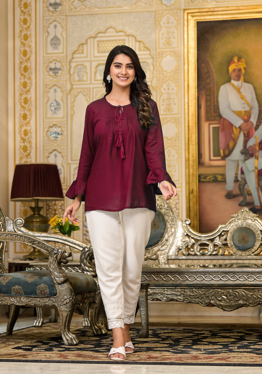 Juniper Women's Plum Solid Rayon Top With Tassels &Doris