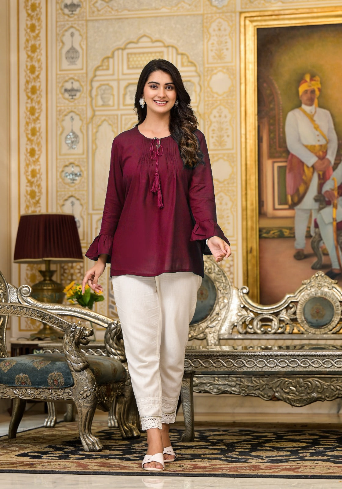 Juniper Women's Plum Solid Rayon Top With Tassels &Doris