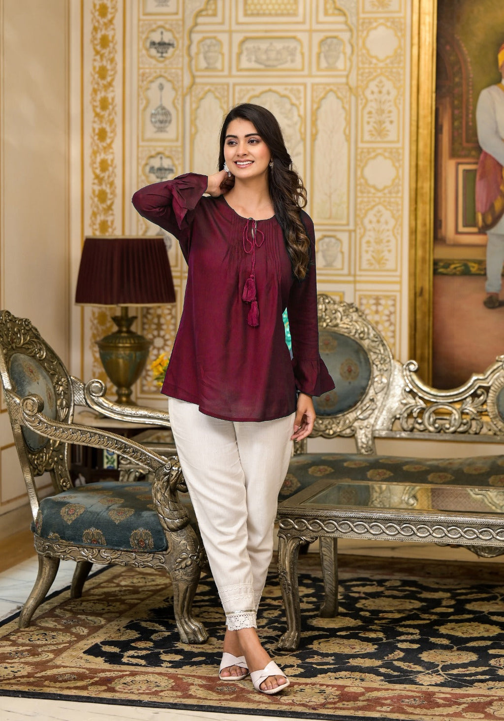 Juniper Women's Plum Solid Rayon Top With Tassels &Doris