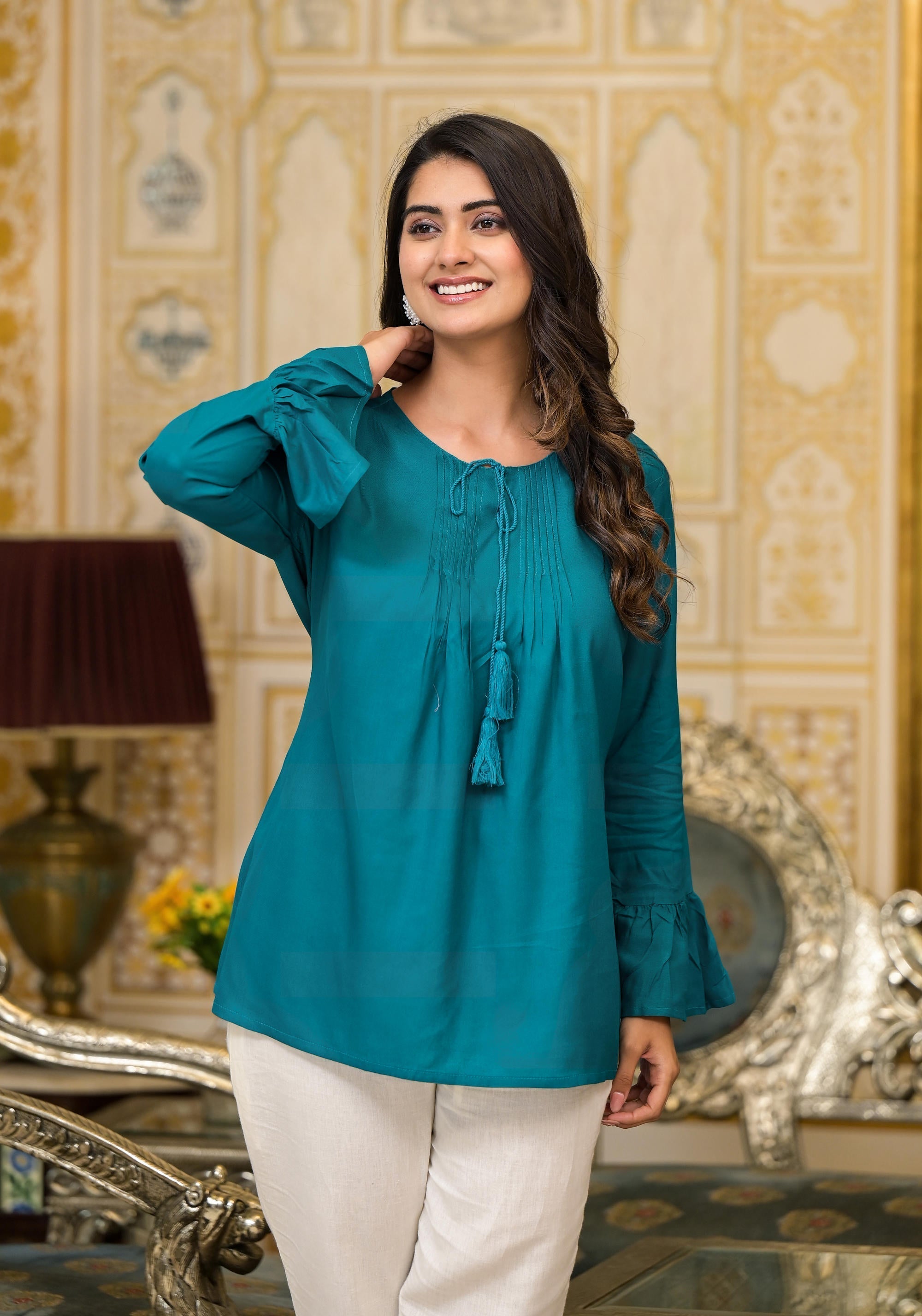 Juniper Teal Solid Rayon Top With Tassels &Doris - Distacart