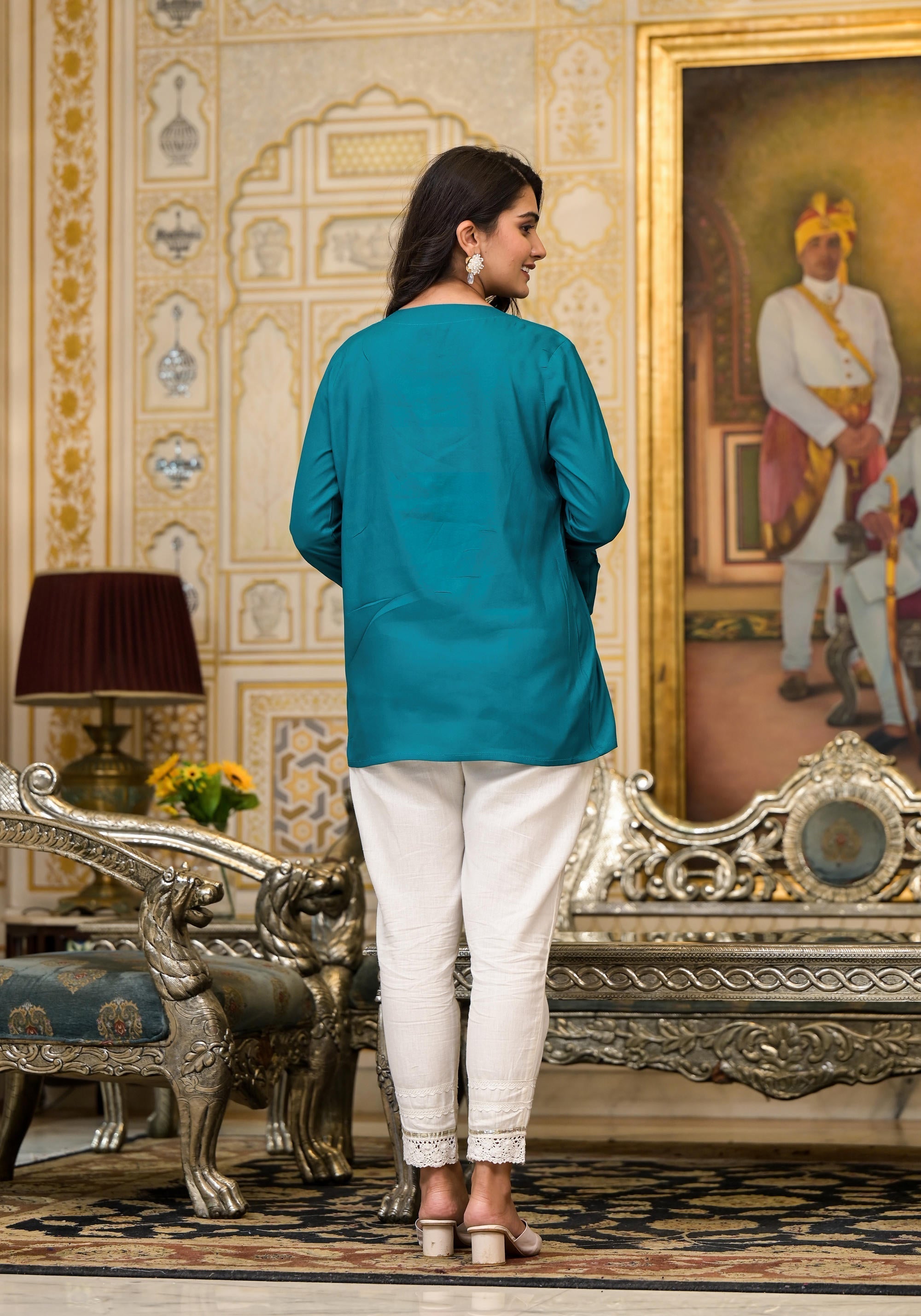 Juniper Teal Solid Rayon Top With Tassels &Doris - Distacart