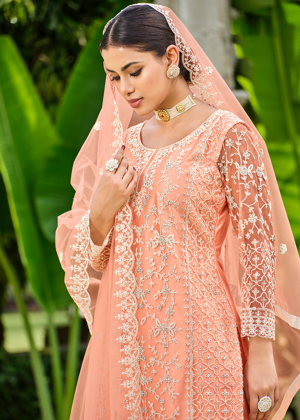 Pretty Peach Stone & Cording Work Festive Palazzo Suit - Emponline
