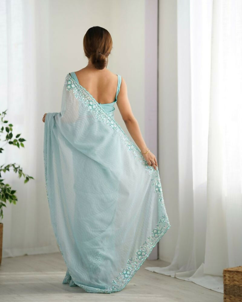 Georgette Designer Sequance Embroidery Work Party Wear Saree - Sky Blue