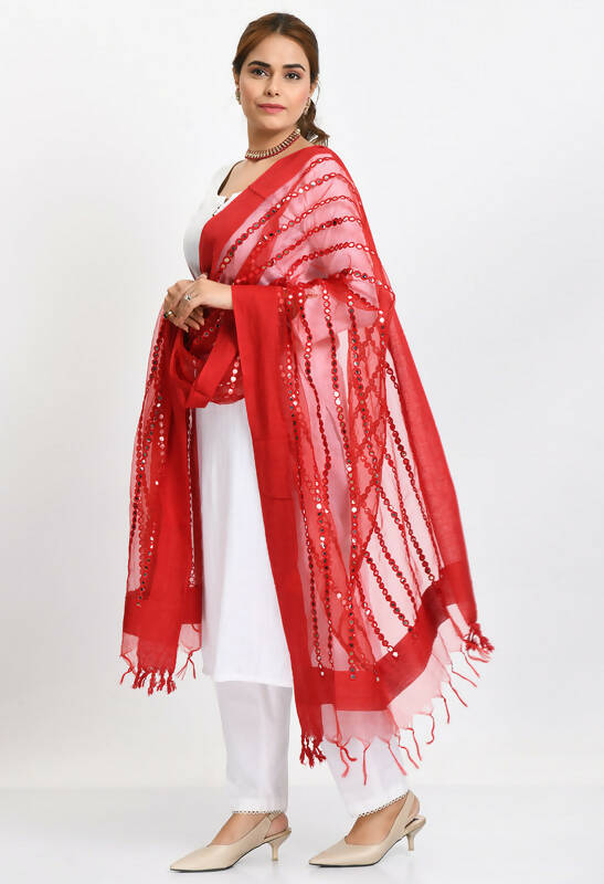 Mominos Fashion Moeza Women's Orgenza Mirror Stripe Thread Work Red Dupatta - Distacart