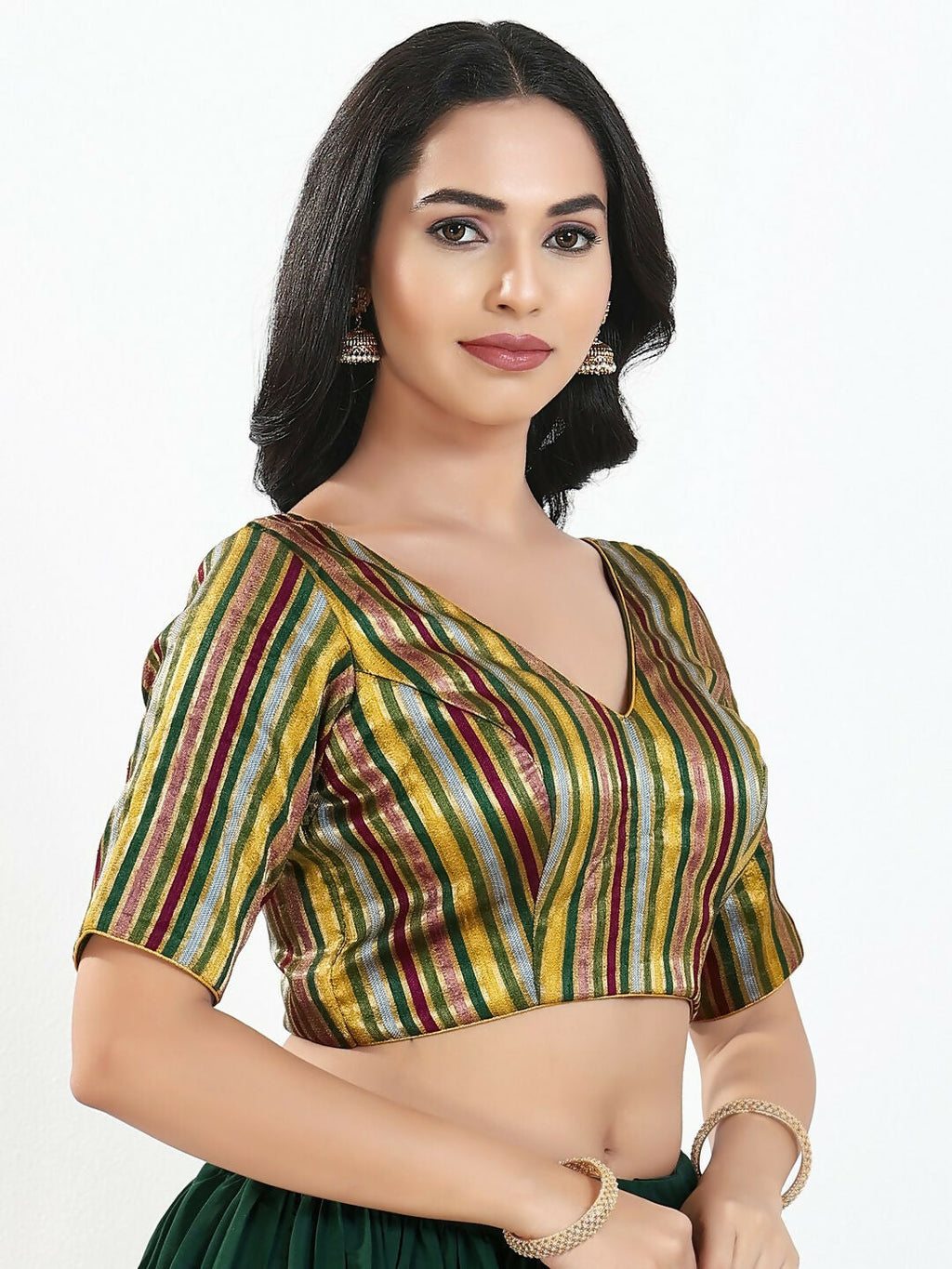 Joban Fashion Green Multi Brocade Padded Blouse With V Neck Elbow Sleeves - Distacart