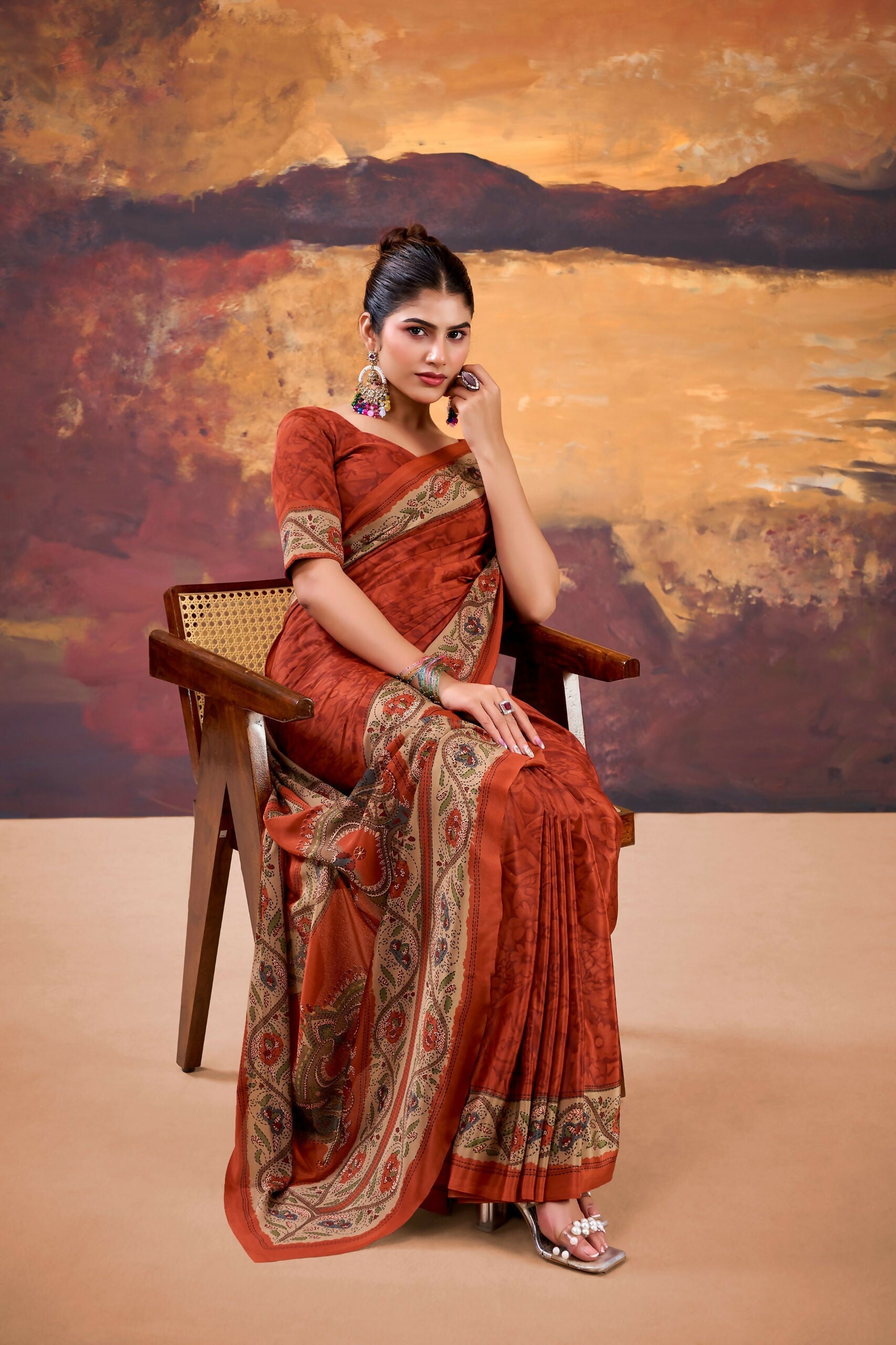 Vastranavya Orange Crepe Printed Saree with Unstitched Blouse - Distacart