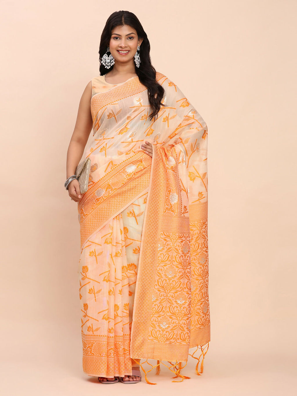 Shree Shyam Fashion Linen Cotton Orange Saree - Distacart